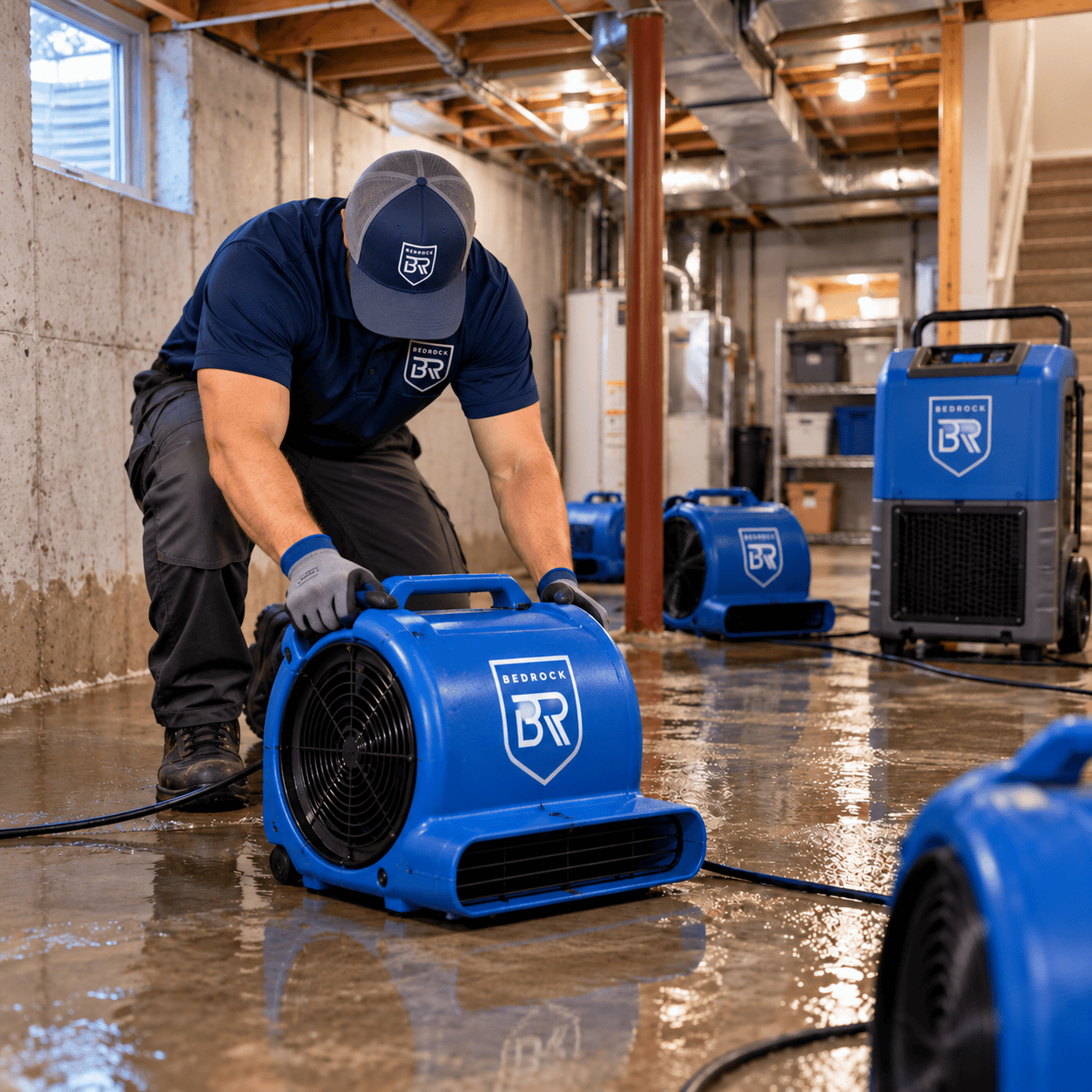 Bedrock Restoration technician setting up drying equipment in a flooded Minnesota basement