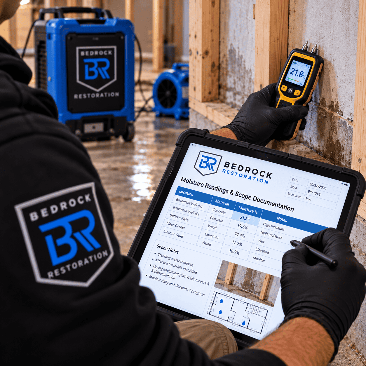 Bedrock Restoration documenting water damage with moisture meter readings in a Twin Cities home