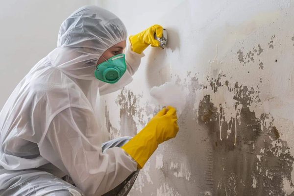 Scrubbing mold growth off a moisture-damaged interior wall